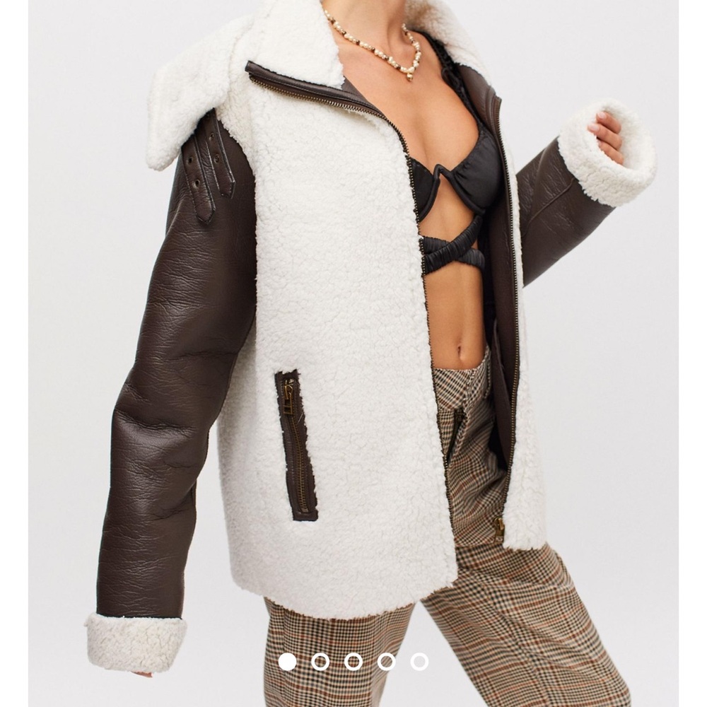 Unreal Fur XS Symbiosis Faux Fur Jacket White Faux Leather Sleeves Zip Pockets